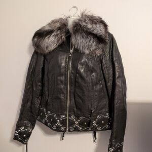 Vintage Harley-Davidson Black and Gray Leather Jacket with Fur Collar